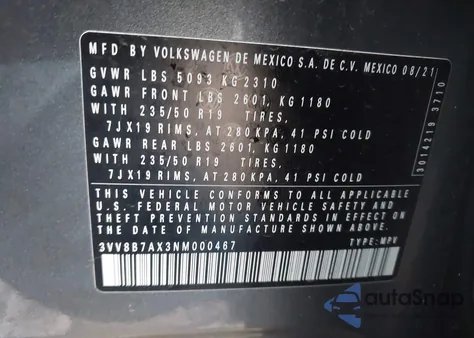 2022 Volkswagen Tiguan 2.0T Se R-Line Black from USA, damaged, VIN 3VV8B7AX3NM000467